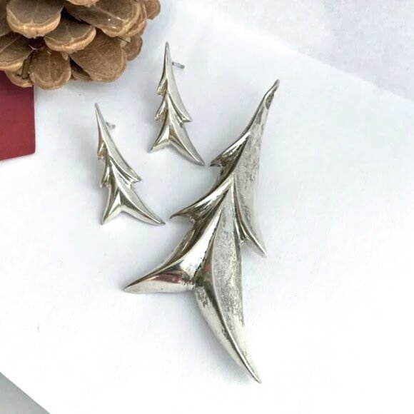 Vintage Mexico Sterling MOD Christmas Tree Brooch Pendant Earrings Set - Picture 1 of 15